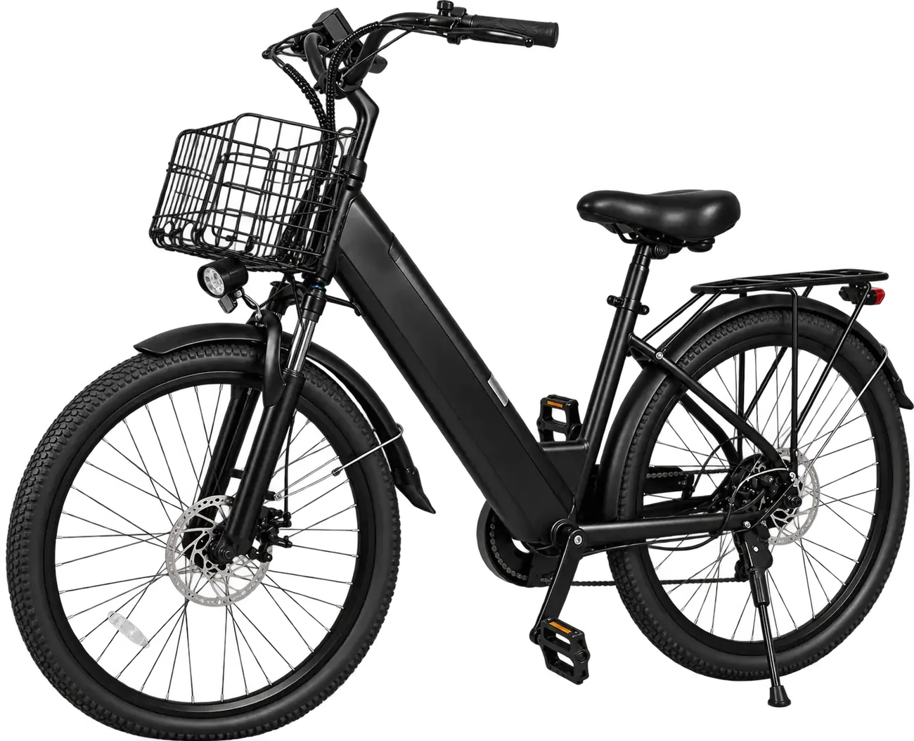OVE CITYBIKE de trois quarts, cadre bas, panier et porte-bagages