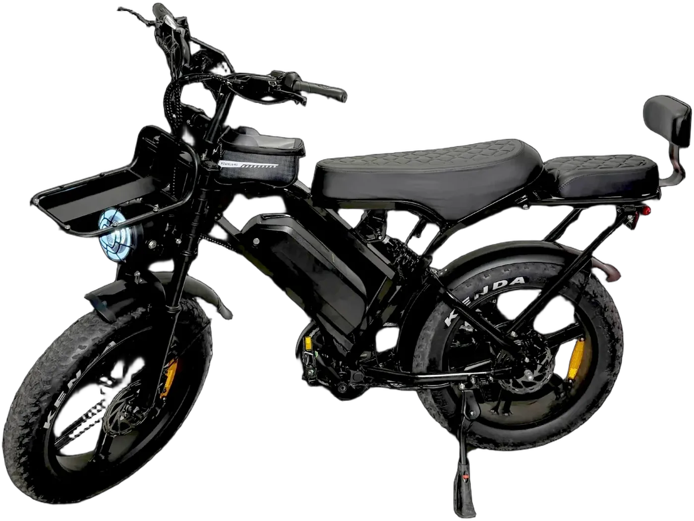 OVE FATBIKE de trois quarts, roues larges, selle longue et phare rond
